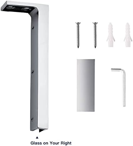 LukLoy Fixed Glass Shower Panel Wall to Glass Support Bar, Frameless Glass Clamp L Shape Stabilizer Mounting Bracket, No-Drill-in-Glass (Mirror Chrome, Glass on The Right)