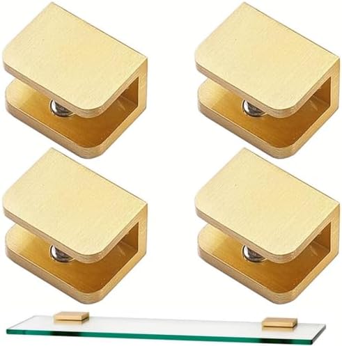 Glass Shelf Clamp, No-drill-on-glass Fixed Panel Glass Shelf Clip Holder Bracket Support Fixed U-Clamp (Pack of 10, Brass)