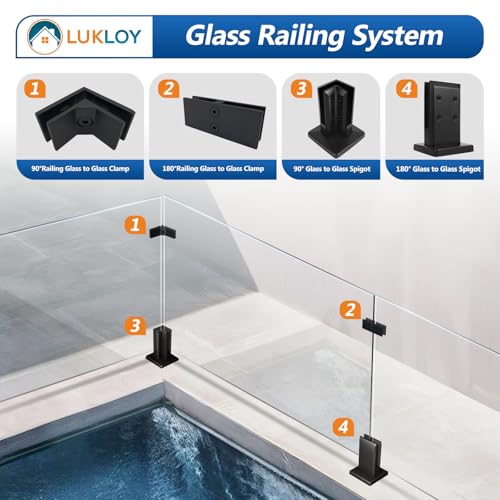 LukLoy 304 Stainless Steel Glass to Glass Spigot NW 1.4KG Heavy Duty Glass Railing Clamp Matte Black Glass Railing Spigot Home Garden Stairs Railing Balcony Glass Floor Clamp (4, 180 Degree)