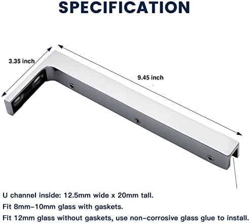 LukLoy Fixed Glass Shower Panel Wall to Glass Support Bar, Frameless Glass Clamp L Shape Stabilizer Mounting Bracket, No-Drill-in-Glass (Mirror Chrome, Glass on The Right)