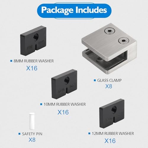 LukLoy 8 PCS Brushed Glass Railing Clamp For Balustrade, Stainless Steel Square Flat Back Glass Brackets for 5/16 "-15/32 "(8mm-12mm)