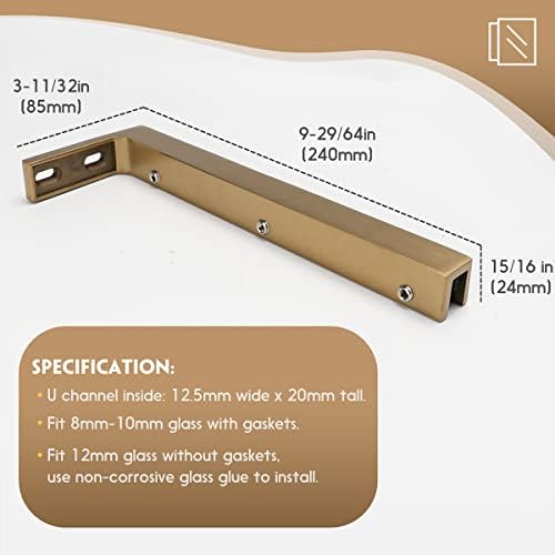 LukLoy Fixed Glass Shower Panel Wall to Glass Support Bar, Frameless Glass Clamp L Shape Stabilizer Mounting Bracket, No-Drill-in-Glass. (Glass on Right, Gold)