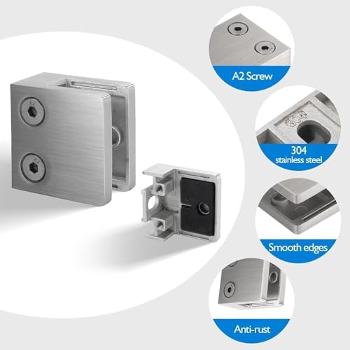 LukLoy 8 PCS Brushed Glass Railing Clamp For Balustrade, Stainless Steel Square Flat Back Glass Brackets for 5/16 "-15/32 "(8mm-12mm)