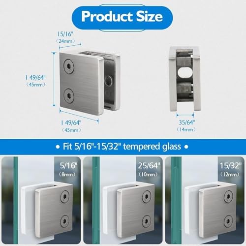 LukLoy 8 PCS Brushed Glass Railing Clamp For Balustrade, Stainless Steel Square Flat Back Glass Brackets for 5/16 "-15/32 "(8mm-12mm)