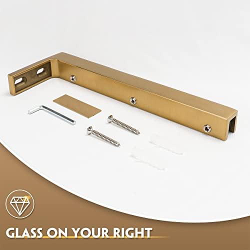 LukLoy Fixed Glass Shower Panel Wall to Glass Support Bar, Frameless Glass Clamp L Shape Stabilizer Mounting Bracket, No-Drill-in-Glass. (Glass on Right, Gold)