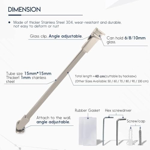 40cm / 15.7" Stainless Steel Frameless Shower Door Fixed Panel Wall-to-Glass Support Bar for 1/4" to 3/8" Thick Glass by M-Home (400mm, Chrome)