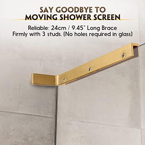LukLoy Fixed Glass Shower Panel Wall to Glass Support Bar, Frameless Glass Clamp L Shape Stabilizer Mounting Bracket, No-Drill-in-Glass. (Glass on Right, Gold)