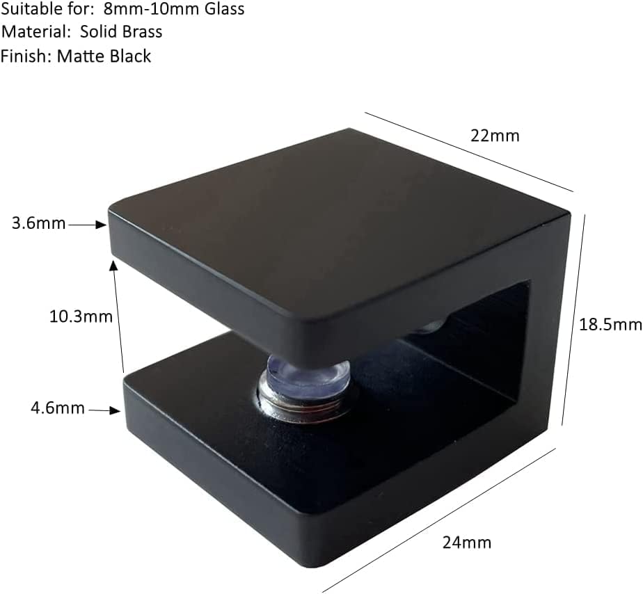 LukLoy Brass Glass Clamp, No-Drill-on-Glass Shelf Bracket Clip Holder Support for 8mm - 10mm(10, Matte Black)