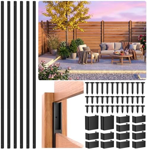 LukLoy 4 Pack 6FT Aluminum U-Channel Privacy Fence Posts, Fit for 3/4 inch Wood Boards, Rustproof &amp; Weather-Resistant, Black No-Dig Outdoor Fence Panels Posts with 1mm Spacer Gaskets for Backyard