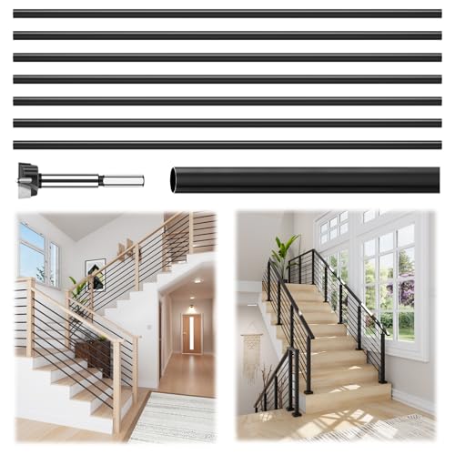 10 Pack 8 FT x 35/64 inch Iron Stair Balusters with 14mm Wood Drill Bit, Matte Black Hollow Horizontal Interior Baluster, Stair Railing Spindles for Indoor Staircase