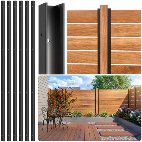 LukLoy 4 Pack 6FT Aluminum U-Channel Privacy Fence Posts, Fit for 3/4 inch Wood Boards, Rustproof &amp; Weather-Resistant, Black No-Dig Outdoor Fence Panels Posts with 1mm Spacer Gaskets for Backyard