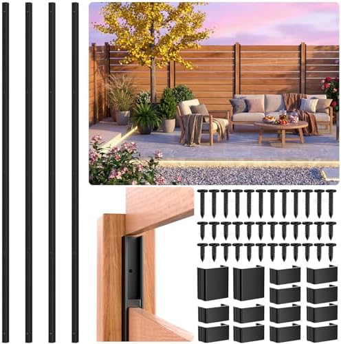 LukLoy 4 Pack 6FT Aluminum U-Channel Privacy Fence Posts, Fit for 3/4 inch Wood Boards, Rustproof &amp; Weather-Resistant, Black No-Dig Outdoor Fence Panels Posts with 1mm Spacer Gaskets for Backyard