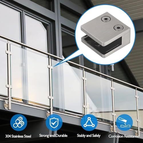 LukLoy 8 PCS Brushed Glass Railing Clamp For Balustrade, Stainless Steel Square Flat Back Glass Brackets for 5/16 "-15/32 "(8mm-12mm)