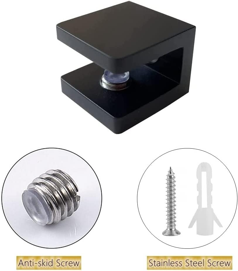 LukLoy Brass Glass Clamp, No-Drill-on-Glass Shelf Bracket Clip Holder Support for 8mm - 10mm(10, Matte Black)