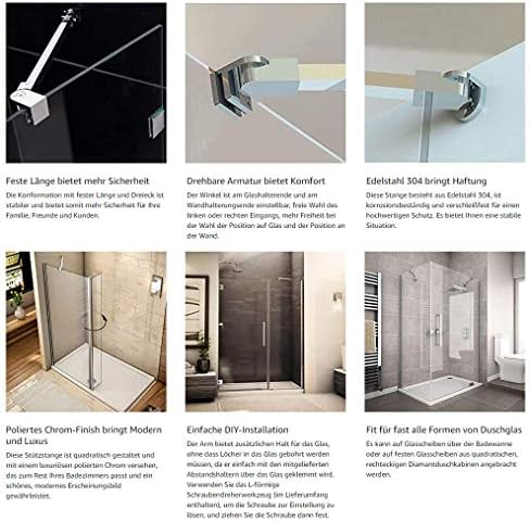 40cm / 15.7" Stainless Steel Frameless Shower Door Fixed Panel Wall-to-Glass Support Bar for 1/4" to 3/8" Thick Glass by M-Home (400mm, Chrome)